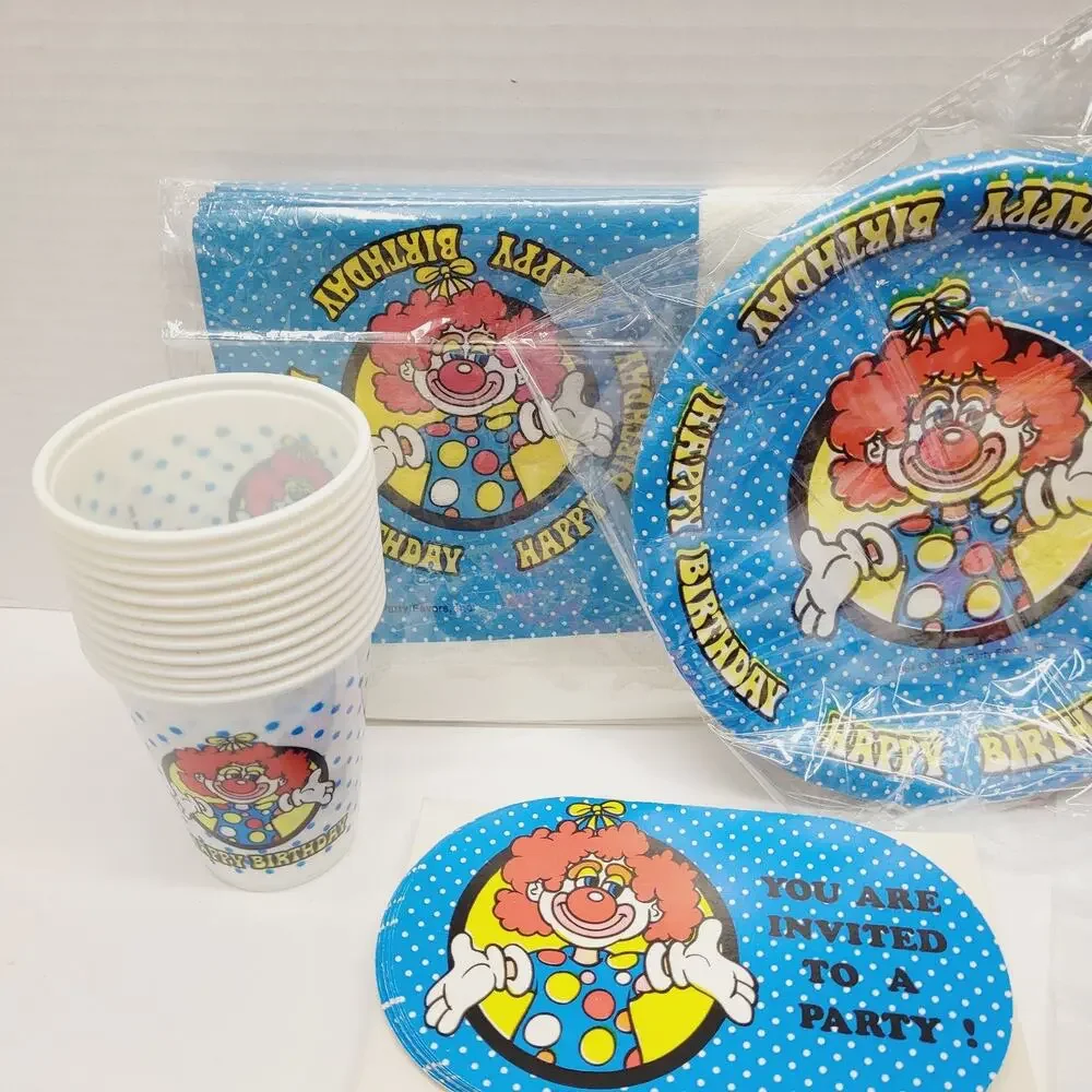 Vtg Circus Clown Carrousel Party Supplies Favors Invitations Loot Bags Games NOS